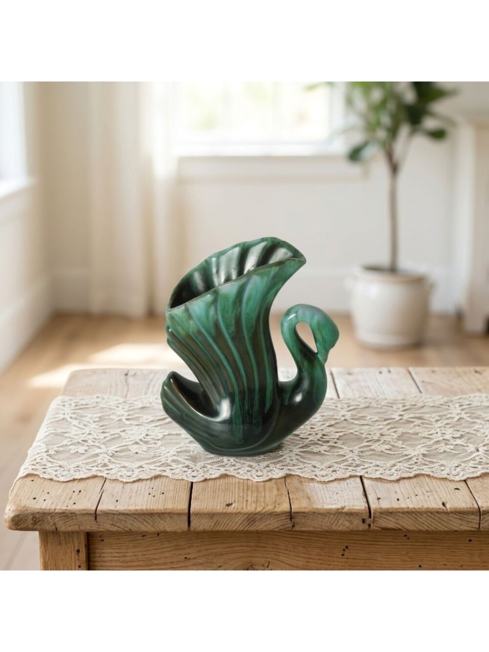 Blue Mountain Pottery BMP Swan Vase Green Drip Glaze Vintage 1970s